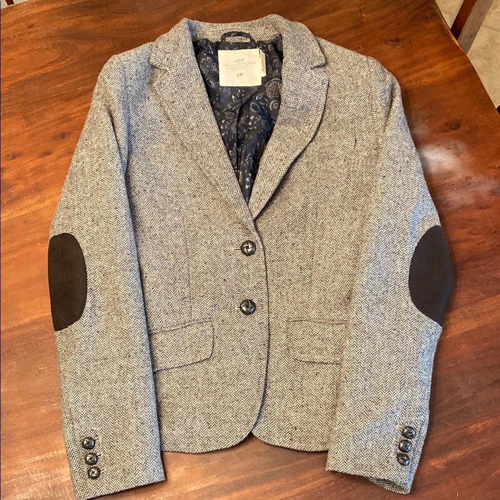 H&M Women's Gray Herringbone Blazer with Elbow Patches